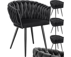 tectake® Set van 4 Fluwelen eetkamerstoelen - Kuipstoel met armleuning in knooplook - Eetkamerstoel - Moderne stoel voor woonkamer en eetkamer - Keukenstoel - Kaptafelstoel - Slaapkamerstoel - Diverse kleuren - Zwart