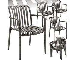 tectake® Set van 4 Tuinstoelen Alcudia - Antraciet - Kunststof Stoelen met Armleuning - Tuinset voor om de Tuintafel of op de Camping - Stapelbaar - Stoelen voor Tuin, Terras of Balkon - Weerbestendig en UV-bestendig - Draagkracht 120kg per Tuinstoel