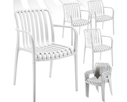 tectake® Set van 4 Tuinstoelen Alcudia - Creme - Kunststof Stoelen met Armleuning - Tuinset voor om de Tuintafel of op de Camping - Stapelbaar - Stoelen voor Tuin, Terras of Balkon - Weerbestendig en UV-bestendig - Draagkracht 120kg per Tuinstoel