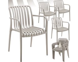 tectake® Set van 4 Tuinstoelen Alcudia - Taupe - Kunststof Stoelen met Armleuning- Stapelbaar - Stoelen voor Tuin, Terras of Balkon - Weerbestendig en UV-bestendig - Draagkracht 120kg per Tuinstoel
