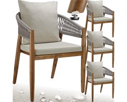 tectake® Set van 4 Tuinstoelen Manacor - Houten Tuinstoel in Rope-Design - Balkonset - Weerbestendige Buitenstoel van Gelakt Acaciahout - Grijs/Beige - 59 x 58 x 76,5 cm - Stoelen voor Tuin, Balkon, Terras