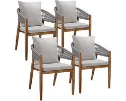 tectake® Set van 4 Tuinstoelen Manacor - Tuinstoel in Rope-Design - Balkonset - Weerbestendige Buitenstoel van Gelakt Acaciahout - Grijs/Beige - Stoelen voor Tuin, Balkon, Terras
