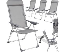 tectake® Set van 4 Tuinstoelen met Hoge Rugleuning - Aluminium - Klapstoel 5-voudig Verstelbaar met Armleuningen - Ligstoel - Campingstoel Tuinmeubelen voor Terras en Camping - Grijs