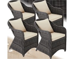 tectake® Set van 4 Wicker Stoelen - Polyrotan Tuinstoelen met Aluminium Frame - Rieten Buitenstoelen met Zachte Zitkussens - Weerbestendig voor Tuin, Terras, Balkon en Wintertuin - Grijs