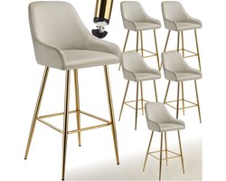 tectake® Set van 6 Barkrukken Avane - Gestoffeerde Barkruk met rugleuning - Barstoelen - Ergonomische Barstoel met voetensteun - Eetkamerstoel met fluweellook bekleding - Stevige stalen poten met antislip vloerbescherming - Crème/Goud