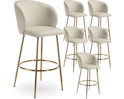 tectake® Set van 6 Barkrukken Luana - Gestoffeerde Barkruk met rugleuning - Barstoelen - Barstoel met voetensteun - Eetkamerstoel met fluwelen bekleding - Stevige stalen poten met antislip vloerbescherming - Crème/goud