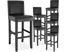 tectake® Set van 6 Barkrukken met Rugleuning - Gestoffeerde Barkruk - Zithoogte 76 cm - Stoelpoten van Massief Hout - Barstoel met Voetsteun - Kruk met Kunstleren Bekleding - Ergonomische Vorm - Barstoelen voor Keuken & Bar - Eetkamerstoelen - Zwart