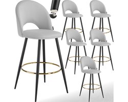 tectake® - Set van 6 Barkrukken Sachel - Gestoffeerde Barkruk met rugleuning - Barstoelen - Ergonomische Barstoel met voetensteun - Eetkamerstoel met fluweellook bekleding - Stevige stalen poten met antislip vloerbescherming - Lichtgrijs/Zwart