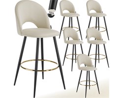 tectake® - Set van 6 Barkrukken Sachel - Gestoffeerde Barkruk met rugleuning - Barstoelen - Ergonomische Barstoel met voetensteun - Eetkamerstoel met fluweellook bekleding - Stevige stalen poten met antislip vloerbescherming - Crème/Zwart