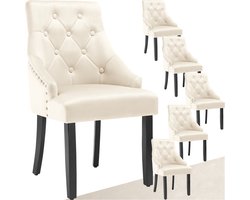 tectake® - Set van 6 eetkamerstoelen Everdeen - Fluweellook, gestikt - Met armleuningen - Massieve houten poten - Stoel voor de woonkamer, eetkamer, keuken - Grote rugleuning - Crème / zwart