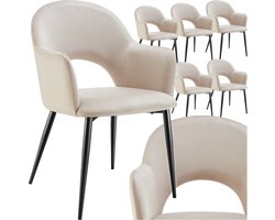 tectake® Set van 6 Eetkamerstoelen Sachel - Fluweellook Gestoffeerde Fauteuils - Keukenstoel - Ergonomische Stoelen voor Woonkamer en Keuken - Eetkamerstoel met Armleuning - 120 kg Draagkracht per Stoel - Creme