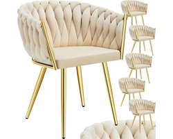 tectake® - Set van 6 Fluwelen eetkamerstoelen - Kuipstoel met armleuning in knooplook - Eetkamerstoel - Moderne eetkamerstoel voor woonkamer en eetkamer - Keukenstoel - Kaptafelstoel - Slaapkamerstoel - Diverse kleuren - Zandkleurig/Goud