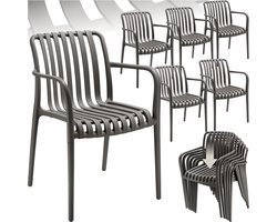 tectake® Set van 6 Tuinstoelen Alcudia - Antraciet - Kunststof Stoelen met Armleuning - Tuinset voor om de Tuintafel of op de Camping - Stapelbaar - Stoelen voor Tuin, Terras of Balkon - Weerbestendig en UV-bestendig - Draagkracht 120kg per Tuinstoel