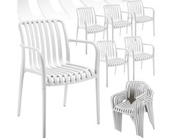 tectake® Set van 6 Tuinstoelen Alcudia - Creme - Kunststof Stoelen met Armleuning - Tuinset voor om de Tuintafel of op de Camping Stapelbaar - Stoelen voor Tuin, Terras of Balkon - Weerbestendig en UV-bestendig - Draagkracht 120kg per Tuinstoel