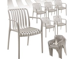 tectake® Set van 6 Tuinstoelen Alcudia - Taupe - Kunststof Stoelen met Armleuning - Tuinset voor om de Tuintafel of op de Camping - Stapelbaar - Stoelen voor Tuin, Terras of Balkon - Weerbestendig en UV-bestendig - Draagkracht 120kg per Tuinstoel
