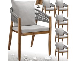 tectake® Set van 6 Tuinstoelen Manacor - Houten Tuinstoel in Rope-Design - Balkonset - Weerbestendige Buitenstoel van Gelakt Acaciahout - Grijs/Beige - 59 x 58 x 76,5 cm - Stoelen voor Tuin, Balkon, Terras