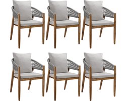 tectake® Set van 6 Tuinstoelen Manacor - Tuinstoel in Rope-Design - Balkonset - Weerbestendige Buitenstoel van Gelakt Acaciahout - Grijs/Beige - Stoelen voor Tuin, Balkon, Terras