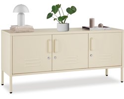 tectake® Stalen Dressoir - TV Meubel - 120 x 37,5 x 55,5 cm - Commode - Verstelbare Planken - 3 Deuren met Magneetsluiting - Lowboard - Metalen Kast - Crème