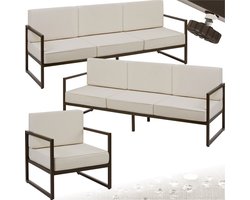tectake® - Tuin-loungeset Comosa - Voor 7 personen - Tuinset - Twee banken en tuin fauteuil - Waterafstotende en ultradikke zit-en rugkussens - Draagkracht 120kg per zitplaats - Bruin/beige