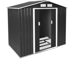 tectake® Tuinhuis met Puntdak - Metaal Fundering - Weerbestendig - Tuinschuur - Fietsenberging - Fietsenhok - Gereedschaps Schuur - 214 x 130 x 185 cm - grijs/wit