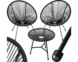 tectake® Tuinmeubel bistroset - 2 stoelen en 1 tafel met glazen blad - Retro Egg Chairs in Acapulco-stijl - Weerbestendig - Binnen- en buitengebruik - Zithoogte 30 - 38 cm - Belastbaarheid 120 kg - Zwart