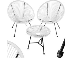 tectake® Tuinmeubel bistroset - 2 stoelen en 1 tafel met glazen blad - Retro Egg Chairs in Acapulco-stijl - Weerbestendig - Binnen- en buitengebruik - Zithoogte 30 - 38 cm - Belastbaarheid 120 kg - Wit