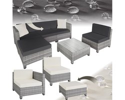 tectake® - Tuinmeubelset - Wicker loungeset - Balkonmeubelset - Kussens 10 cm hoogte - Voor tuin en balkon - 2 fauteuils, 2 hoekstoelen, 1 tafel, 1 hocker - Incl. 2 sets kussenhoezen - lichtgrijs