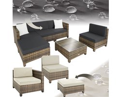tectake® - Tuinmeubelset - Wicker loungeset - Balkonmeubelset - Kussens 10 cm hoogte - Voor tuin en balkon - 2 fauteuils, 2 hoekstoelen, 1 tafel, 1 hocker - Incl. 2 sets kussenhoezen - naturel