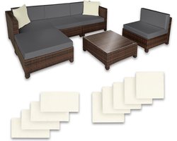 tectake® - Tuinmeubelset - Wicker loungeset - Balkonmeubelset - Kussens 10 cm hoogte - Voor tuin en balkon - 2 fauteuils, 2 hoekstoelen, 1 tafel, 1 hocker - Incl. 2 sets kussenhoezen - zwart
