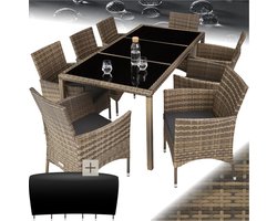tectake® Tuinset Almansa - Tuinmeubelset voor 8 Personen - Wicker Zitgroep met Tuinstoelen en Tuintafel - Inclusief Beschermhoes en Kussens - Weerbestendig - Natuurkleur