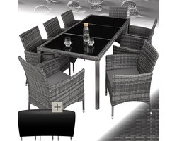 tectake® Tuinset Almansa - Tuinmeubelset voor 8 Personen - Wicker Zitgroep met Tuinstoelen en Tuintafel - Inclusief Beschermhoes en Kussens - Weerbestendig - Grijs