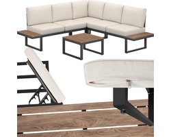 tectake® Tuinset Eliar - 4-Delige Loungeset - 5 Personen - Weerbestendige Hoekbank - Aluminium Frame - Houtlook Zijtafeltjes - Tuinbank -Tuintafel - Verstelbare Rugleuning - Ligbed - Tuinmeubelset met Kussens - Ideaal voor tuin, balkon en terras