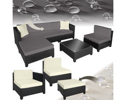 tectake® Tuinset - Loungeset van Wicker en Aluminium - Balkonset met Kussens - 2 Kleuren Kussenhoezen - 10 cm vulling - Inclusief 2 Tuinstoelen - 1 Tuintafel - 1 Kruk - Zwart