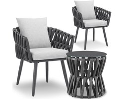 tectake® Tuinset Lugano - Tuinstoelen - 2 Loungestoelen met Bijzettafel - Buitenstoelen in Rope-Design met Aluminium Frame - Buiten Fauteuils met Dikke Kussens - Loungeset voor Tuin of Balkon - Terrasstoelen - UV- en Weerbestendig