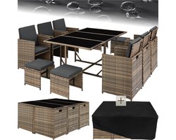 tectake® - Tuinset Malaga - Outdoor Balkon Tuinmeubelset - Loungeset met 6 stoelen, 4 krukken, 1 tafel en beschermhoes - Wicker vlechtwerk - Weerbestendig en Ruimtebesparend - Natuur