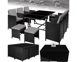 tectake® - Tuinset Malaga - Outdoor Balkon Tuinmeubelset - Loungeset met 6 stoelen, 4 krukken, 1 tafel en beschermhoes - Wicker vlechtwerk - Weerbestendig en Ruimtebesparend - Zwart/Grijs
