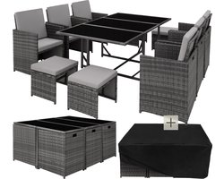 tectake® - Tuinset Malaga - Outdoor Balkon Tuinmeubelset - Loungeset met 6 stoelen, 4 krukken, 1 tafel en beschermhoes - Wicker vlechtwerk - Weerbestendig en Ruimtebesparend - Grijs