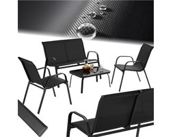 tectake® Tuinset Nora - Moderne Zitgroep voor 4 Personen - Loungeset met Tuinbank en 2 Tuinstoelen van Ademend, Waterafstotend Textileen-Weefsel - Balkonset Met Bijzettafel - Zwart