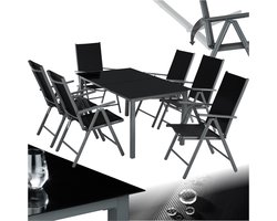 tectake® Tuinset - Tuintafel met Tuinstoelen - 6 Stoelen en 1 Tuintafel met Glazen Blad - Weerbestendige Tuinmeubelset voor het balkon of tuin - 6 Personen - Antraciet