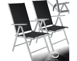 tectake® Tuinstoelen - Set van 2 - Stoelen met 7-voudig Verstelbare Hoge Rugleuning - Opklapbaar en Lichtgewicht - Aluminium Frame met Synthetisch Gaas - Stoelen voor Tuin en Balkon - Grijs - Zwart