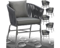 tectake® Tuinstoelen Valeiras - Set van 6 - Metalen Buitenstoel met Rope Design - Terrasstoel met Armleuningen - Tuinstoel - Tuin Fauteuil - Tuinmeubels - Tuinset met Waterafstotende Kussens en Verstelbare Poten