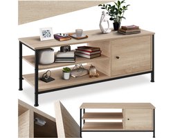 tectake® TV-meubel met 2 open vakken en kastje met deur - Lowboard voor TV's tot 55 inch - Houten TV-dressoir - Industrieel design - Zwart metalen frame - Afmeting (LxBxH) 110 x 40 x 45,5 cm - Lichtbruin