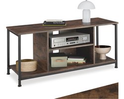 tectake® TV-meubel met 4 open vakken - Lowboard voor TV's tot 70 inch - Houten TV-dressoir met kabeluitsparingen - Industrieel design - Zwart metalen frame - Afmeting (LxBxH) 110 x 40 x 50,5 cm - Donkerbruin