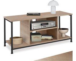 tectake® TV-meubel met 4 open vakken - Lowboard voor TV's tot 70 inch - Houten TV-dressoir met kabeluitsparingen - Industrieel design - Zwart metalen frame - Afmeting (LxBxH) 110 x 40 x 50,5 cm - Lichtbruin
