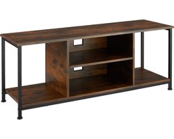 tectake® TV-meubel met 4 open vakken - Lowboard voor TV's tot 70 inch - Houten TV-dressoir met kabeluitsparingen - Industrieel design - Zwart metalen frame - Afmeting (LxBxH) 120 x 40 x 50,5 cm - Donkerbruin