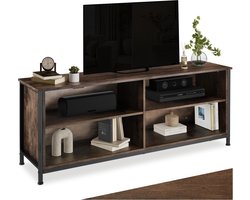 tectake® TV-meubel met 4 vakken - Lowboard voor TV's tot 70 Inch - Houten TV-dressoir met kabeluitsparingen - Industrieel design - Zwart metalen frame - Afmeting (LxBxH) 147 x 41 x 60,5 cm - Donkerbruin