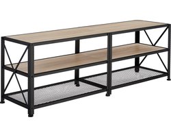 tectake® TV-meubel met open planken - 3 niveaus - Lowboard voor TV's tot 55 inch - Houten TV-dressoir - Industrieel design - Zwart metalen frame - Afmeting (LxBxH) 141 x 41,5 x 50,5 cm - Lichtbruin