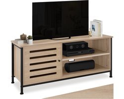 tectake® TV-meubel - TV kast en 2 vakken - Lowboard voor TV's tot 55 Inch - Houten TV-dressoir met kabeluitsparingen - Industrieel design - Zwart metalen frame - Afmeting (LxBxH) 110 x 41,5 x 50,5 cm - Lichtbruin