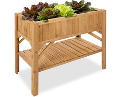 tectake®- Verhoogd Tuinbed - Verhoogde Plantenbak van Weerbestendig Grenenhout - Met Extra Plank voor Gereedschap - Inclusief Beschermfolie - Houten Kweekbak voor Bloemen, Kruiden en Groenten - 119 x 57 x 90 cm