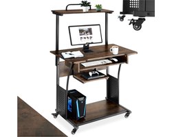 tectake® Verrijdbaar bureau met meerdere niveaus - Houten computertafel in industrieel design - Uittrekbaar toetsenbord - Bureau met wielen - Zwart metalen frame - Afmeting (LxBxH) 80 x 65,5 x 130,5 cm - Donkerbruin